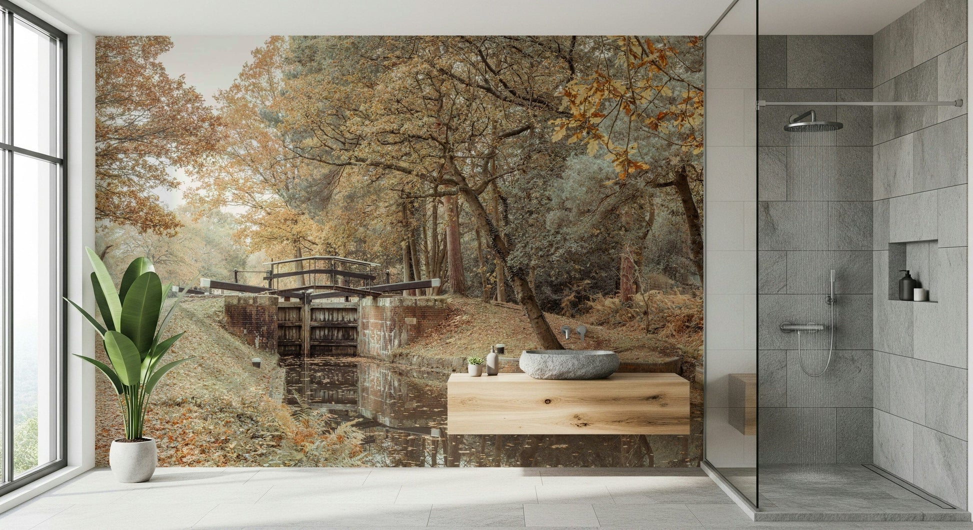 Serene canal wall mural behind sofa, modern apartment wall decor in blue tones