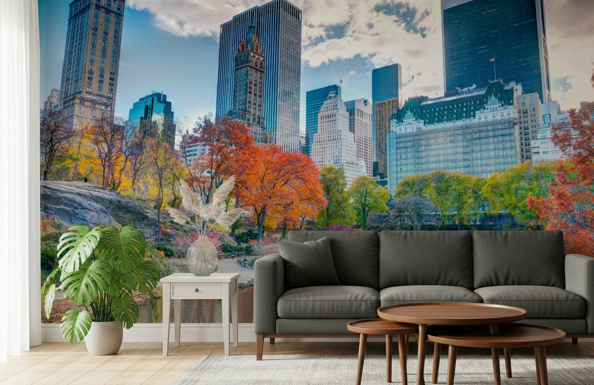 Autumn in the City wallcovering, brilliant seasonal tones over water reflection.