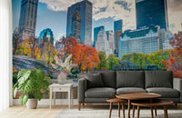 Autumn in the City wallcovering, brilliant seasonal tones over water reflection.