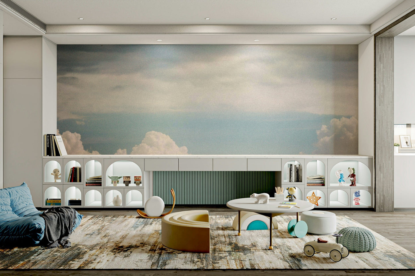 A beautiful wide-angle wall mural of a peaceful cloudscape.


