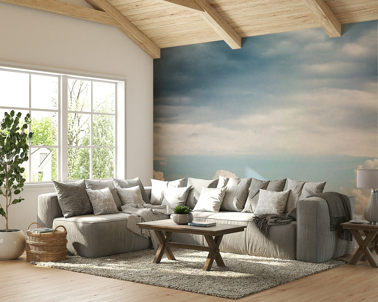 An artistic moody cloudscape mural on minimalist wallpaper.

