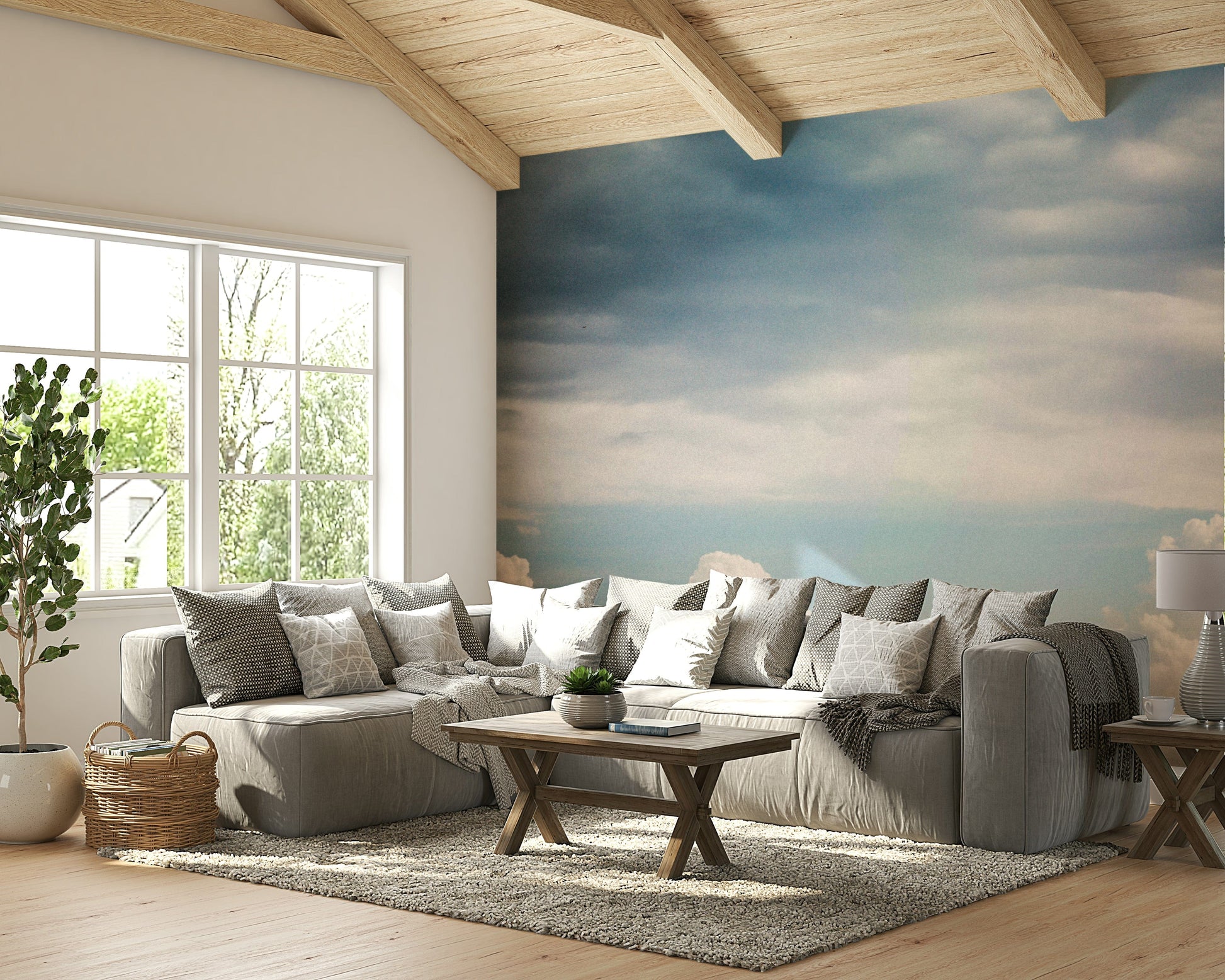 An artistic moody cloudscape mural on minimalist wallpaper.


