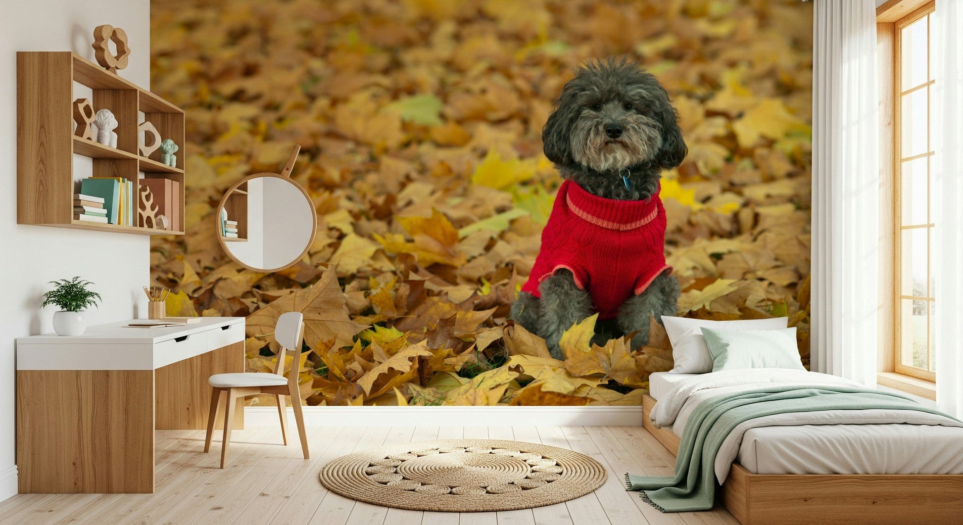 Delightful Pup canine friend wall mural bright red jumper.