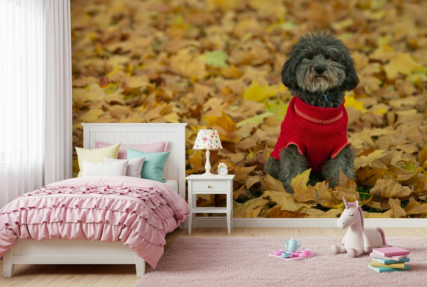 Lovable small Autumn dog wallpaper cute indoor accent.