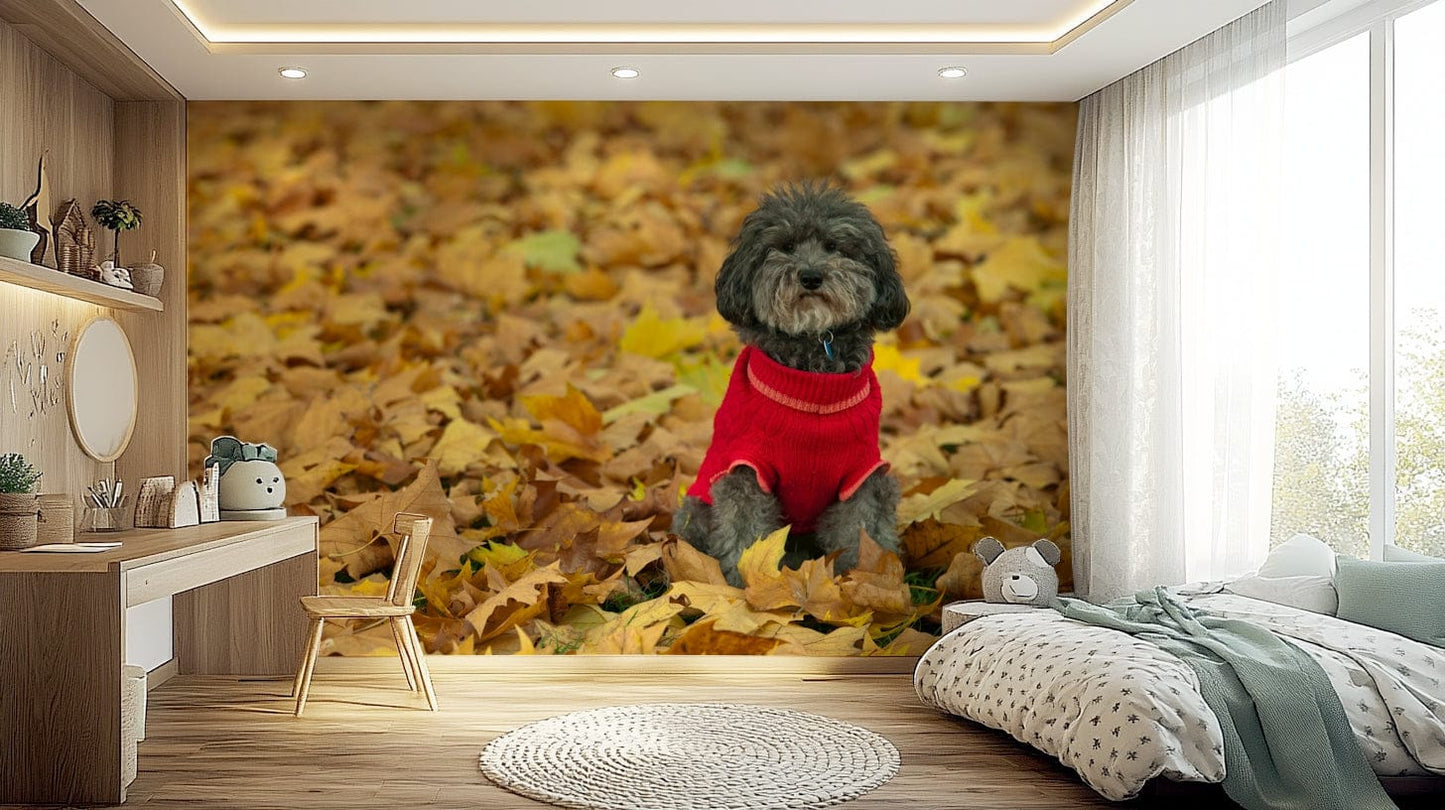 Whimsical Pup sitting amongst wall mural seasonal texture.