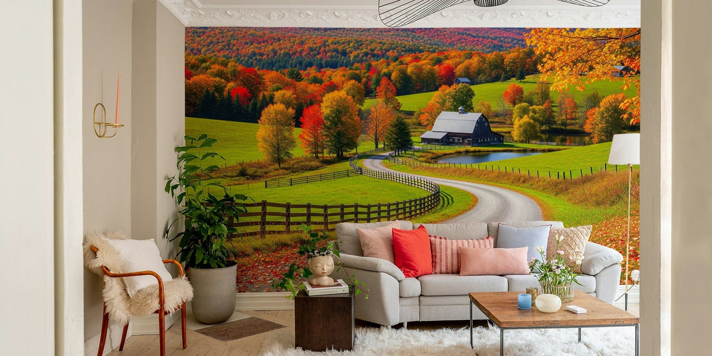 A peaceful wall mural with a charming autumn farm scene.

