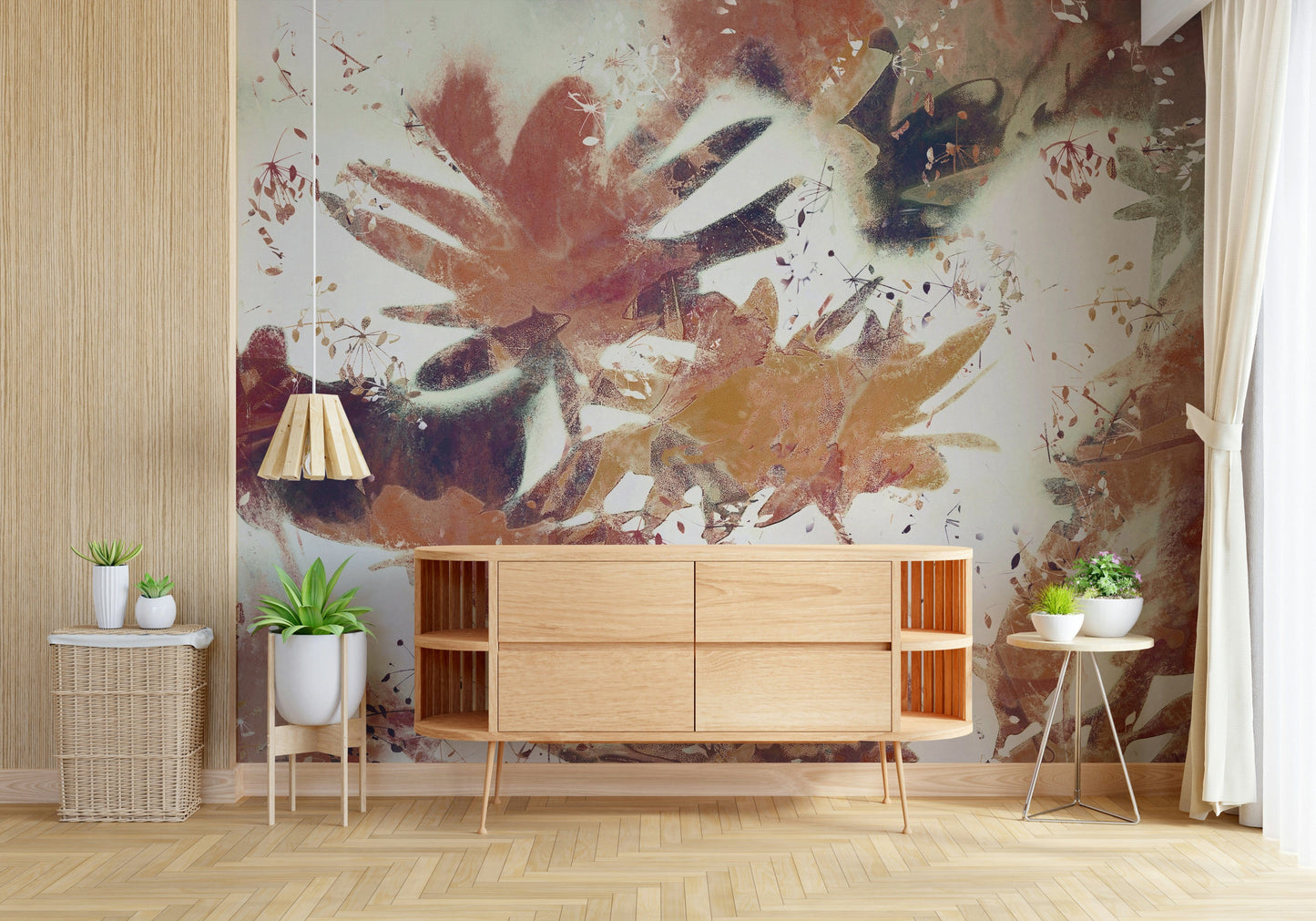 A graceful subtle leaf wall mural in warm, natural tones.

