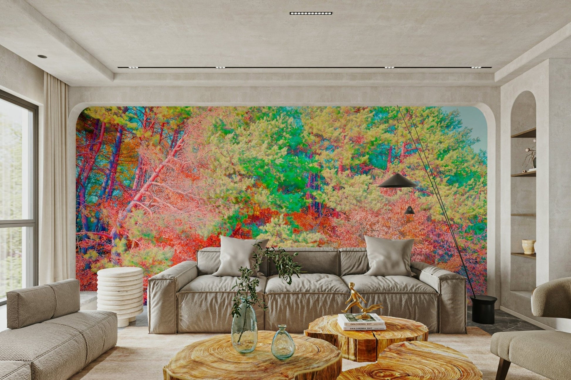 A realistic photo of an autumn forest wall mural in a modern room.

