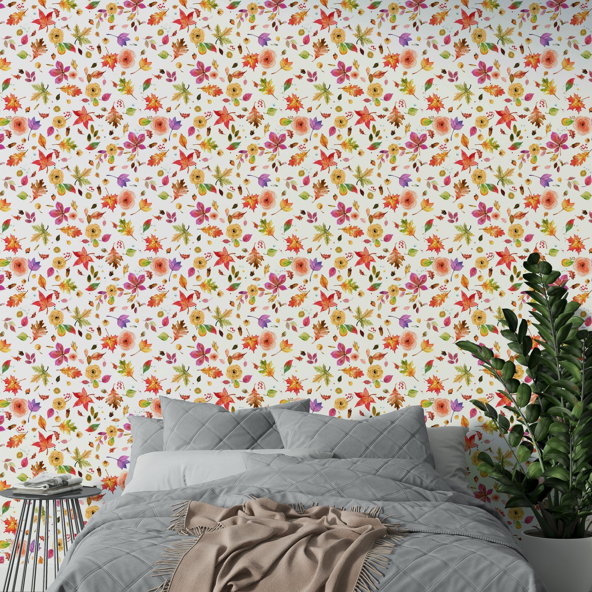 Botanical fall scene wallpaper with leaves and florals

