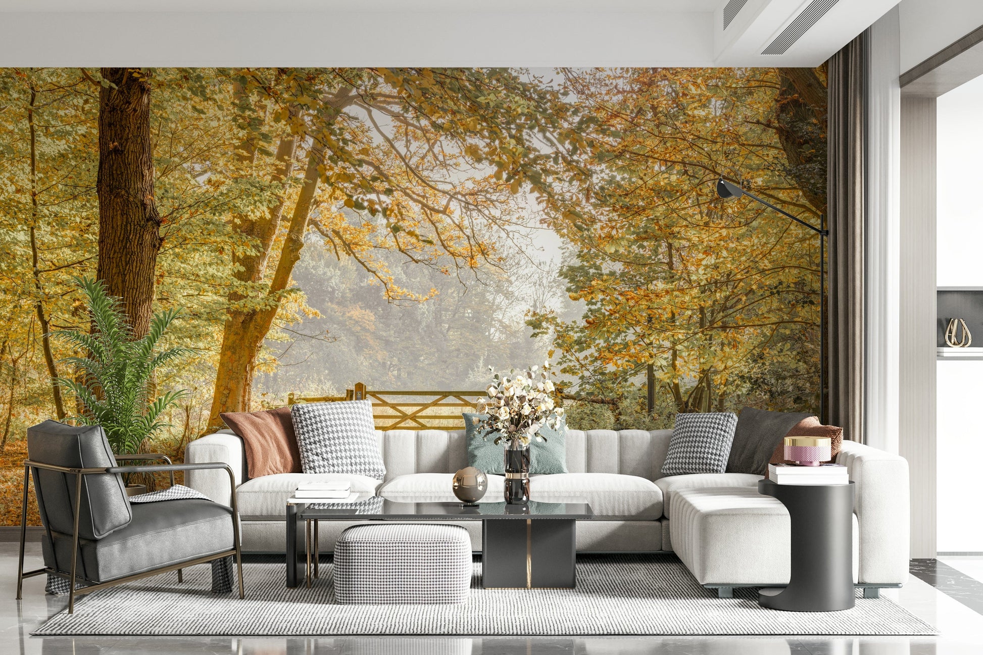 Autumn’s Gateway Wall Mural in modern living room, warm orange and gold tones, feature wall decor