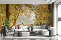 Autumn’s Gateway Wall Mural in modern living room, warm orange and gold tones, feature wall decor
