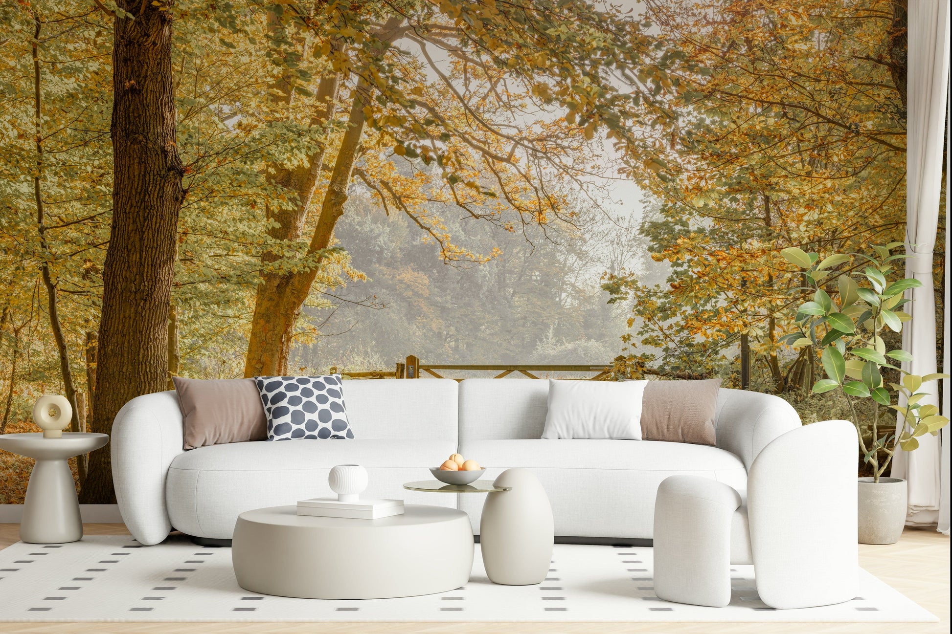 Fall forest pathway mural behind sofa in apartment lounge, modern wall decor, earthy color palette