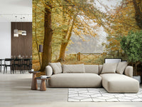 Scenic autumn trail mural on stairway wall, modern interior, golden color highlights