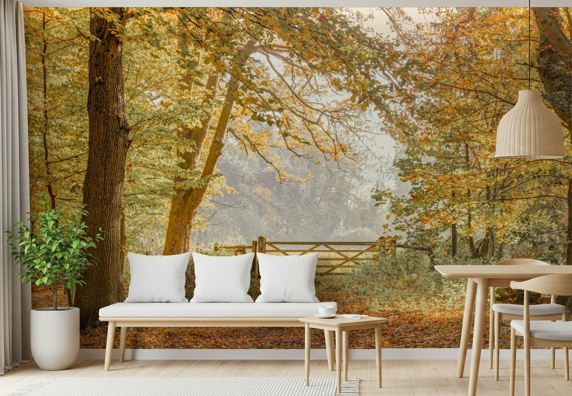 Autumn’s Gateway Wall Mural in reading nook, modern wall decor, warm color palette