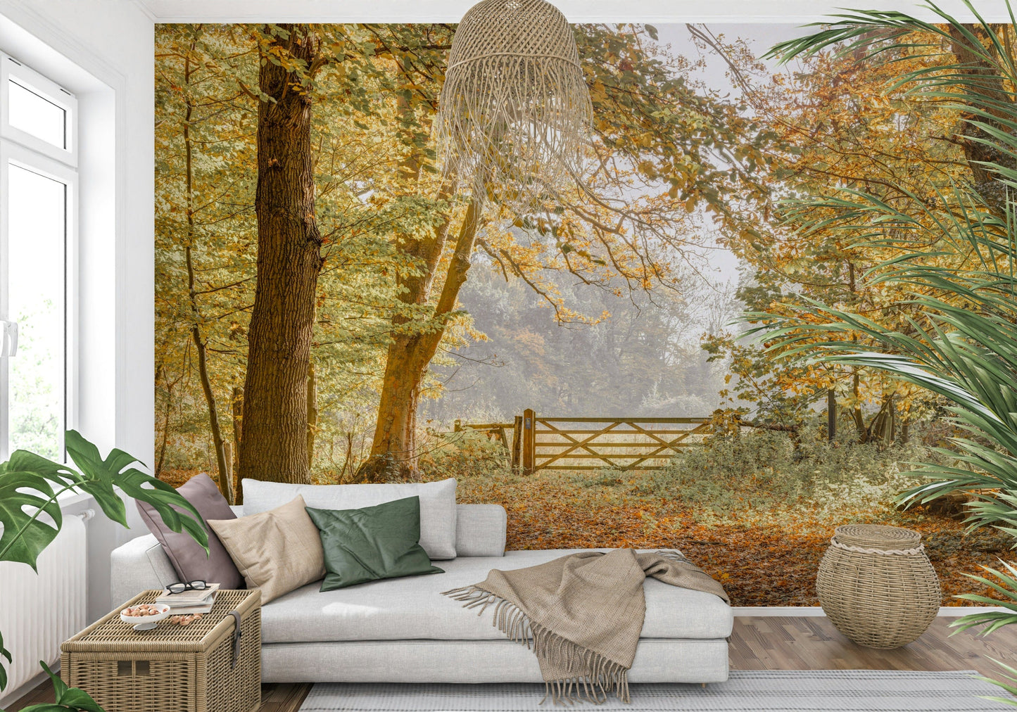 Autumn forest wall mural in entryway, modern wall decor, warm color tones for feature wall