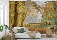Autumn forest wall mural in entryway, modern wall decor, warm color tones for feature wall