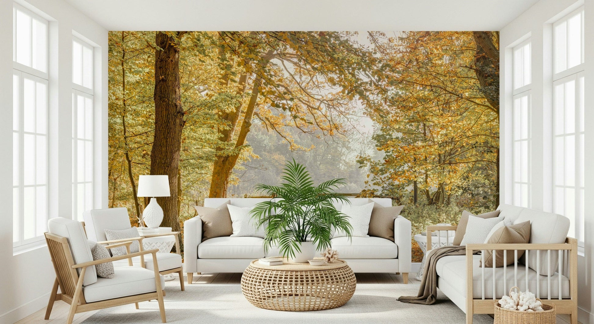 Autumn landscape mural on dining room feature wall, modern decor, warm color balance