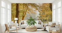 Autumn landscape mural on dining room feature wall, modern decor, warm color balance