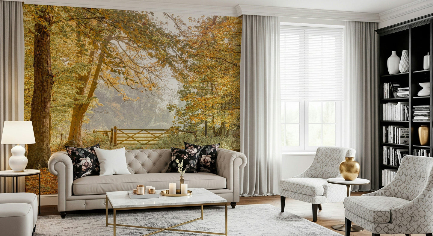 Fall trees landscape wallpaper for studio apartment, modern decor, earthy color background