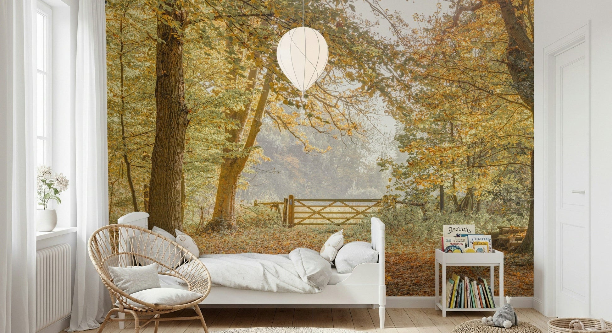 Autumn trees and sunlit trail wallpaper for bedroom, modern style, warm color accents