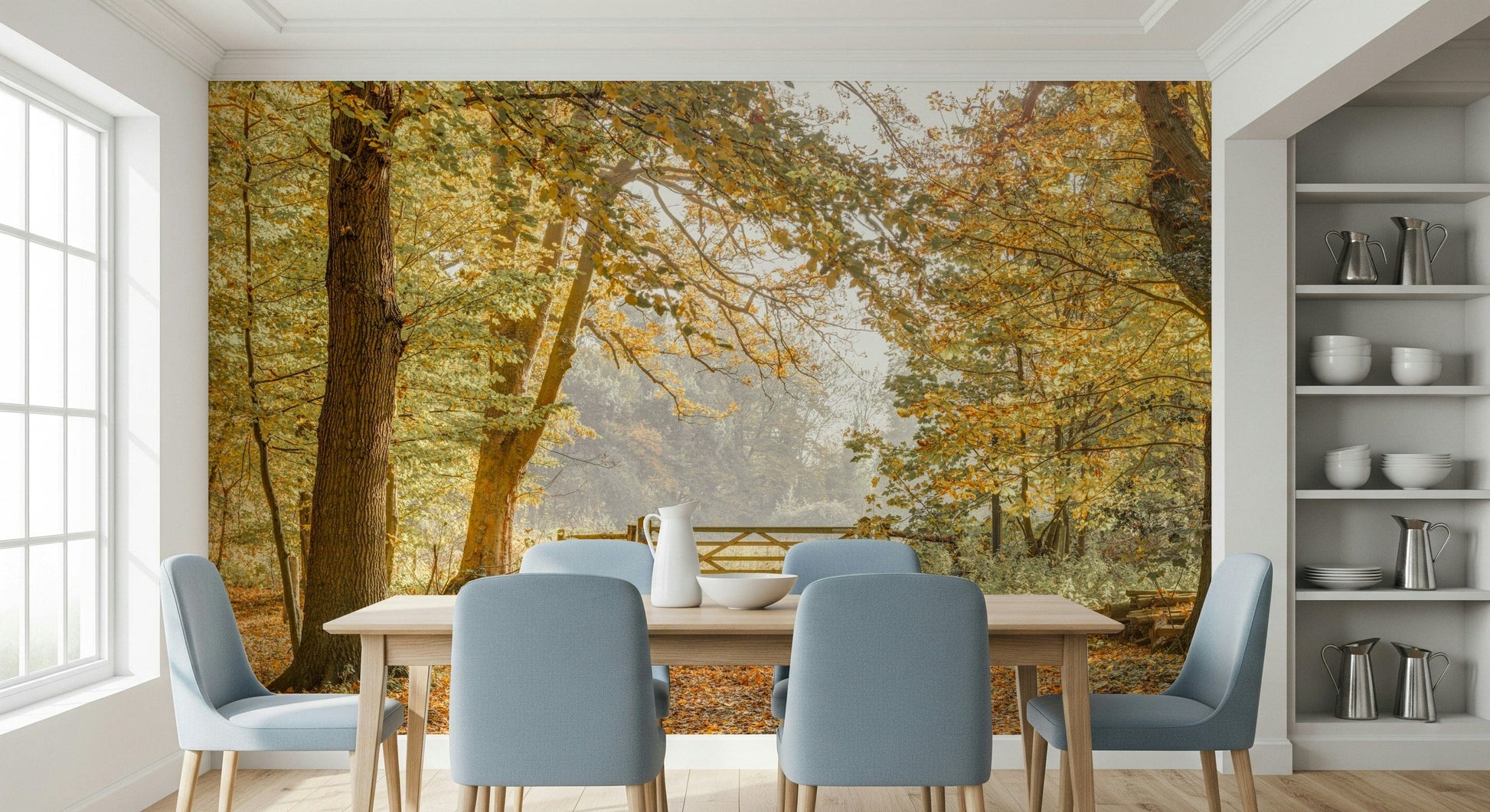 Fall woodland path wallpaper in hallway, modern apartment styling, soft color gradients