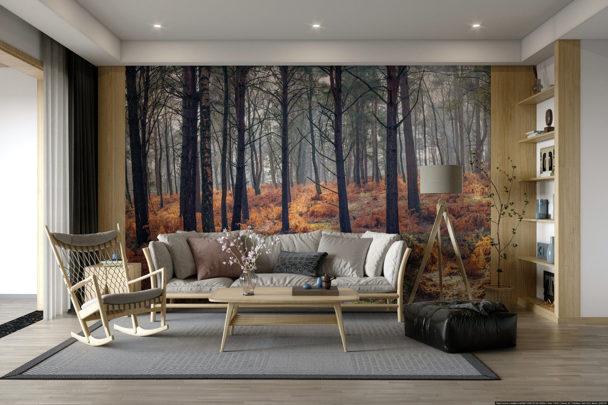 An artistic woodland scene mural on minimalist wallpaper.

