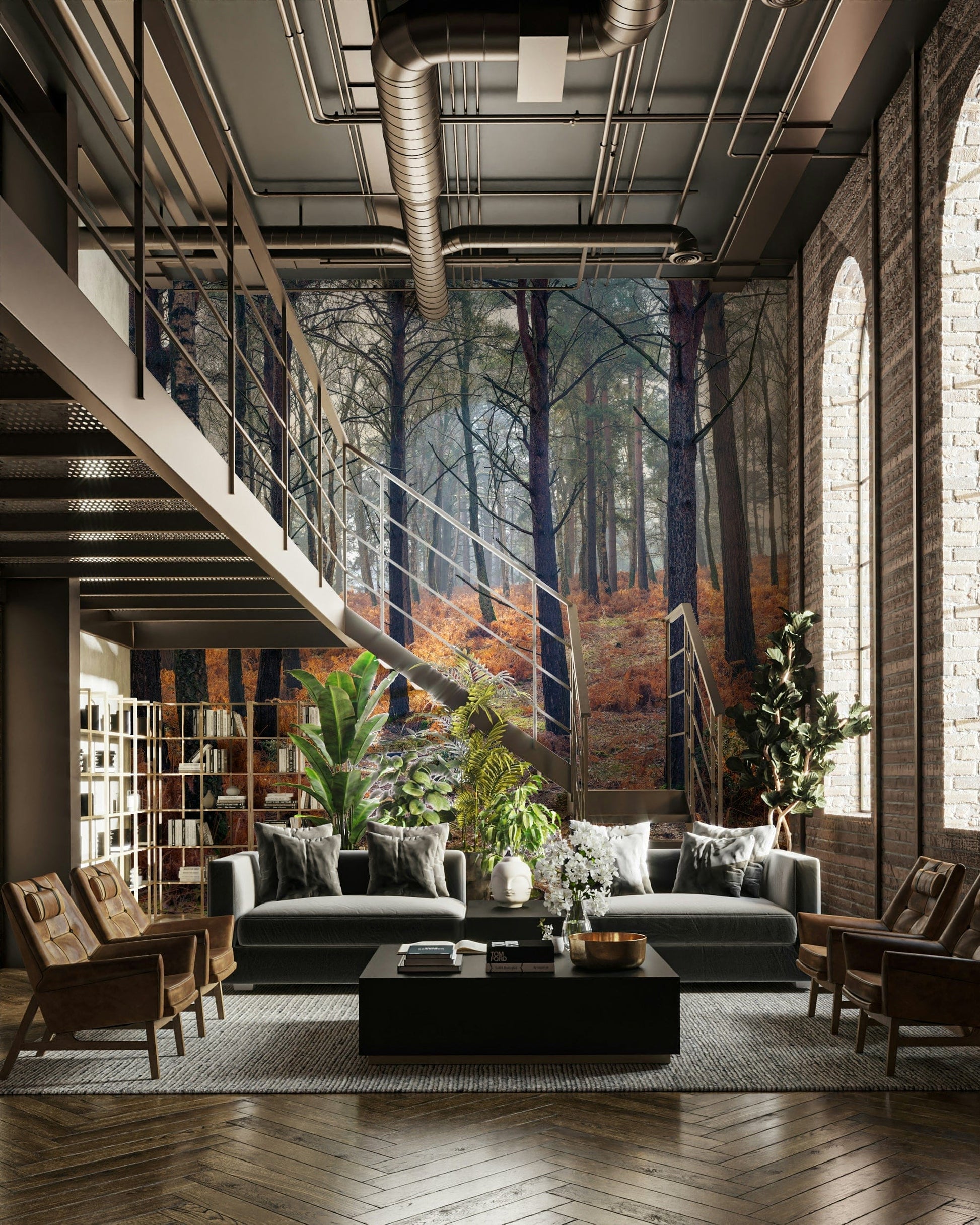 A beautiful serene forest wallpaper mural with subtle light.

