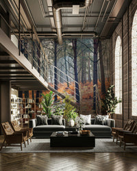 A beautiful serene forest wallpaper mural with subtle light.

