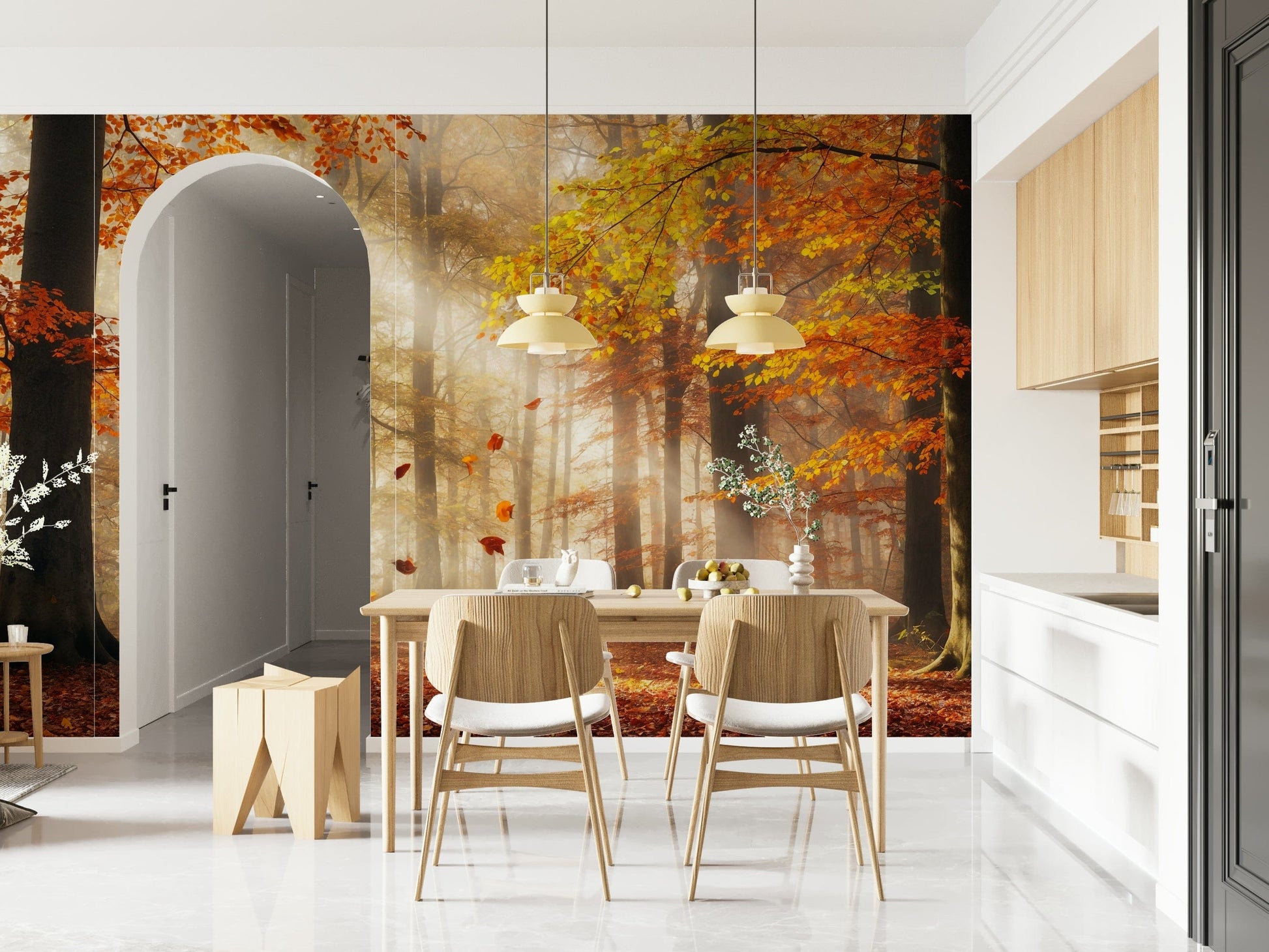 Office meeting corner with autumn landscape mural, modern decor and calm color styling