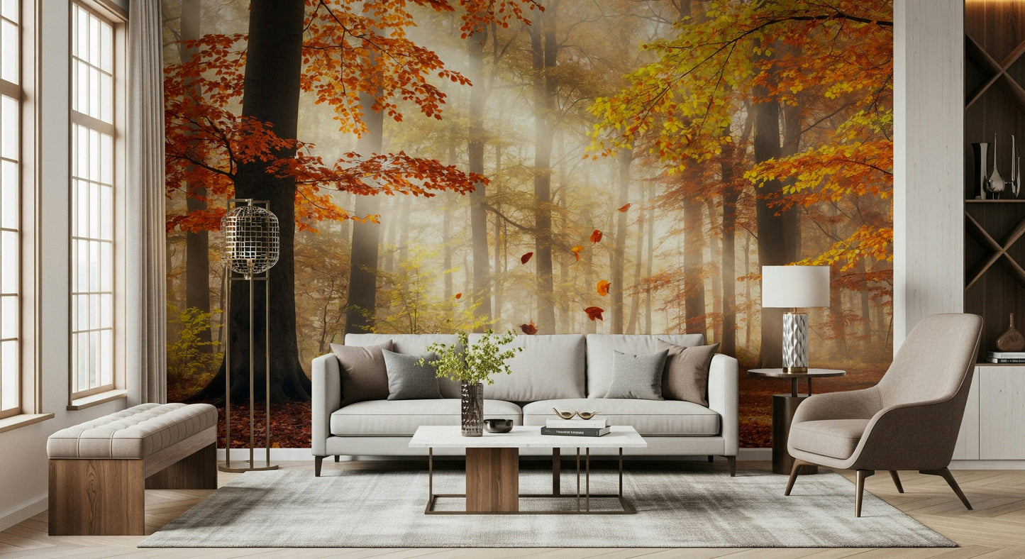Minimal living room with fall trees wall mural, clean lines, warm color accents, and open space
