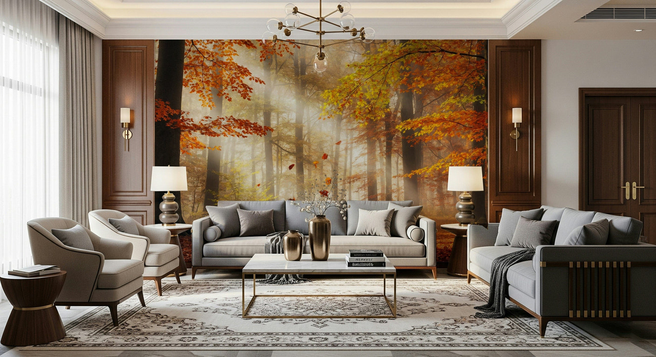 Bedroom headboard wall with autumn forest mural, cozy modern decor and soft neutral bedding