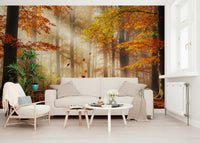 Reading nook with fall foliage wall mural, light wood chair and beige throw pillows