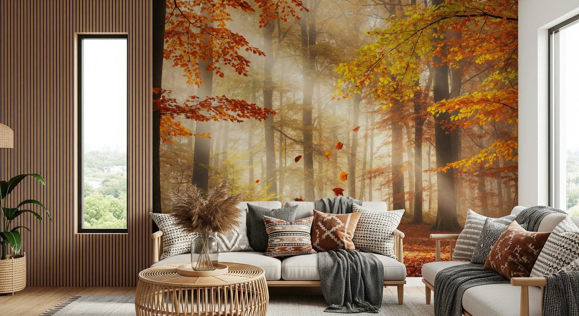 Entryway feature wall with Autumn's Embrace Wall Mural, warm color tones and simple decor