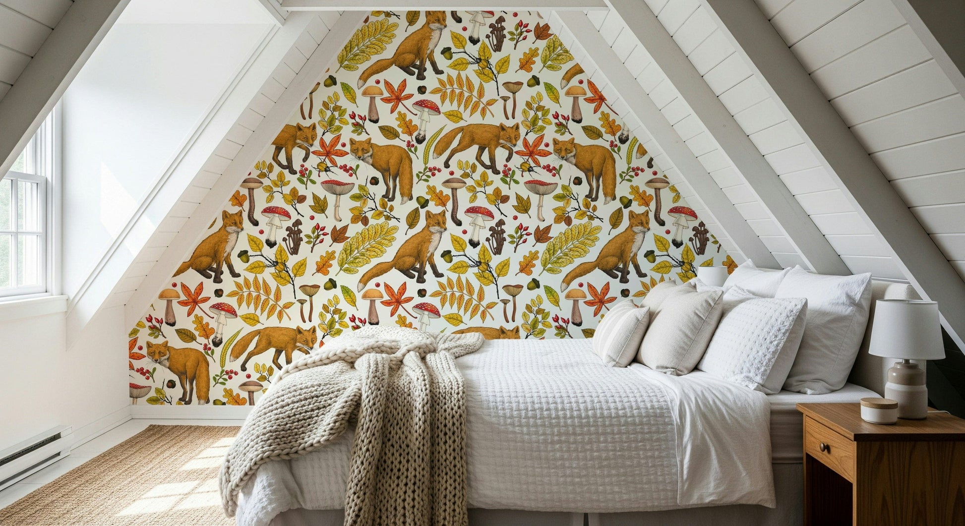 Autumn Foxes Wallpaper — charming fall woodland scene with foxes on natural white background.