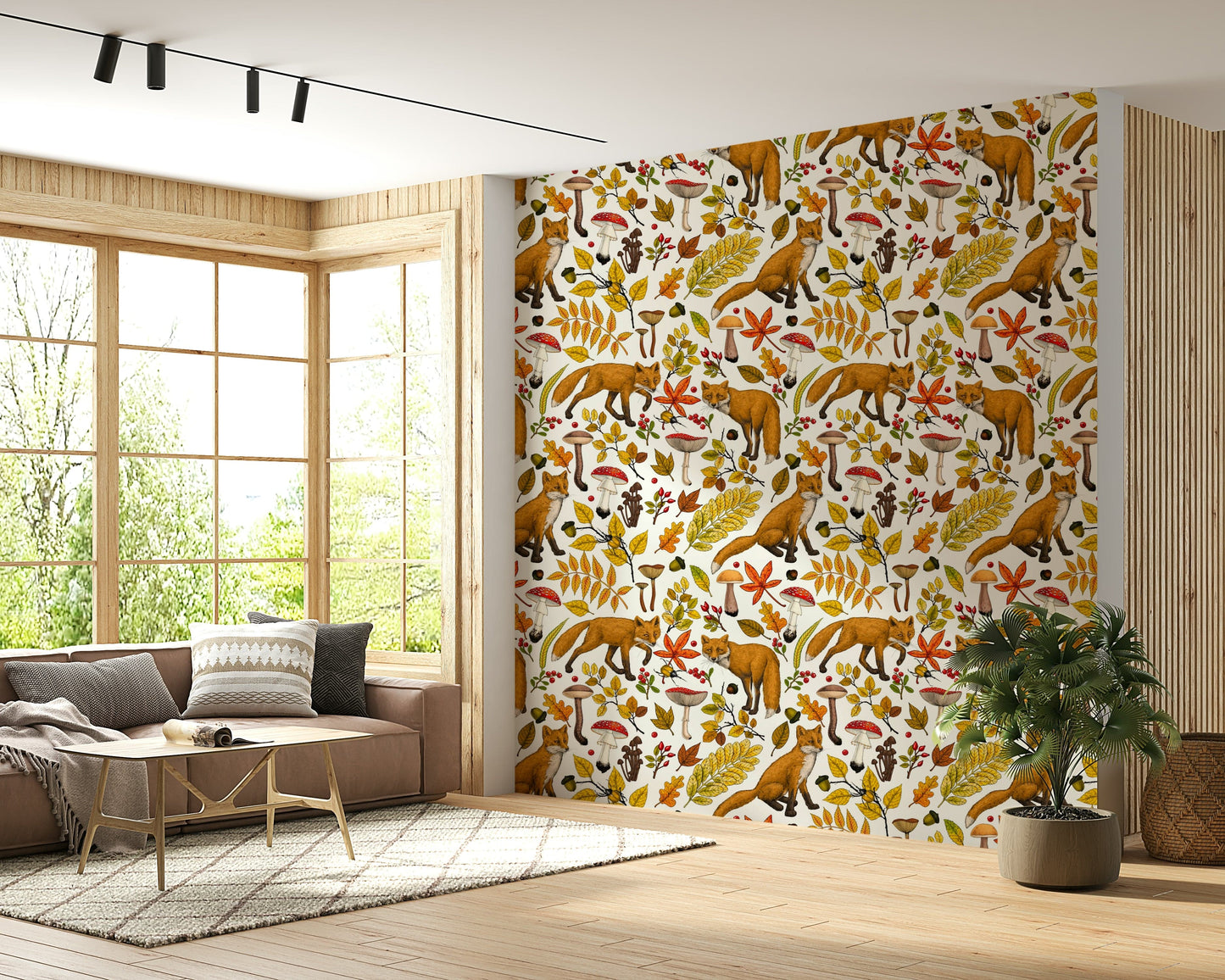 Decorative wall mural with foxes in autumn foliage on a soft white backdrop.