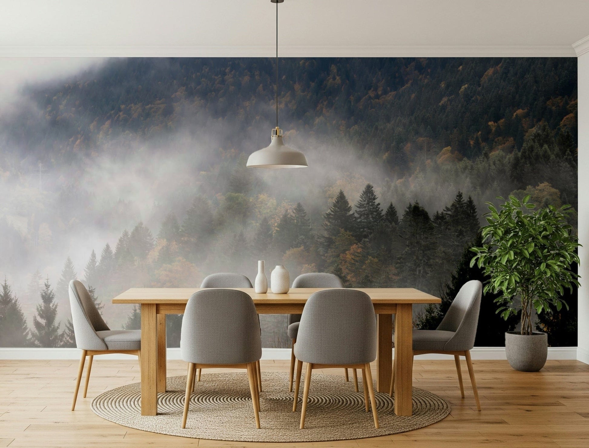 Wall mural, Autumn Haze, captivating woodland fog, serene nature backdrop.
