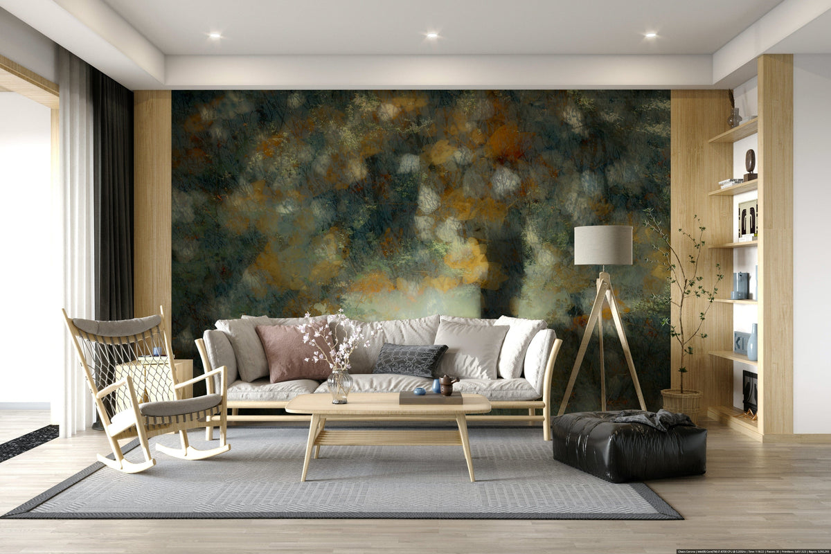 Ethereal Autumn Haze wallpaper mural of hazy teal and gold foliage behind a cream sofa and woven rocking chair
