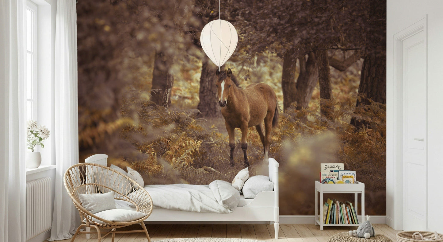 A nature-themed wallpaper showing a wild horse standing gracefully among tall forest ferns.