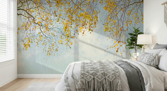 Delicate fall foliage wallpaper, soft blue background, nature wall decor.