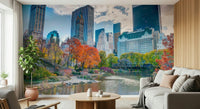 Autumn in the City mural for walls, colorful trees beside urban towers.
