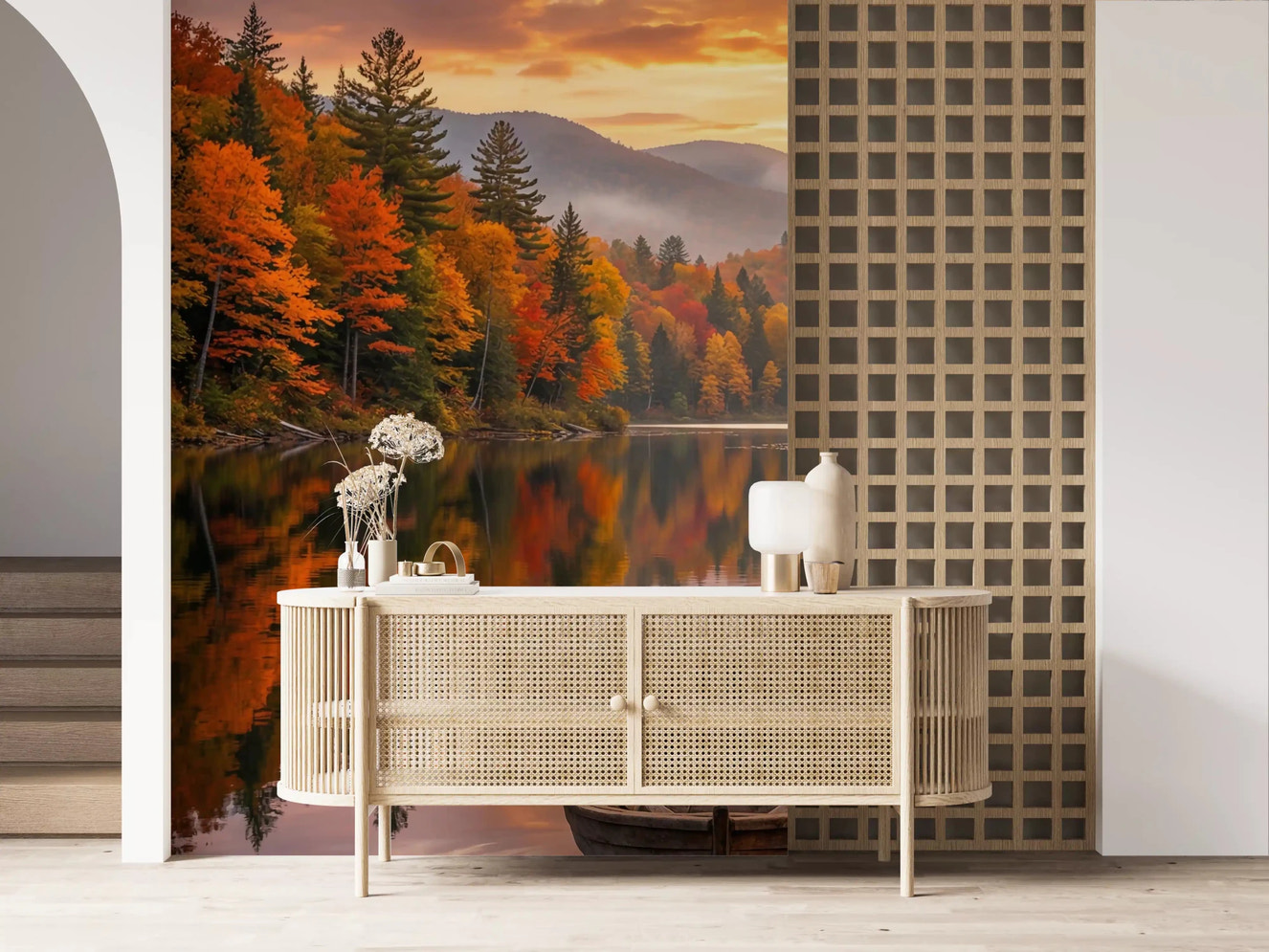 Fall landscape wall mural perfect for adding warmth to a cozy hallway space.