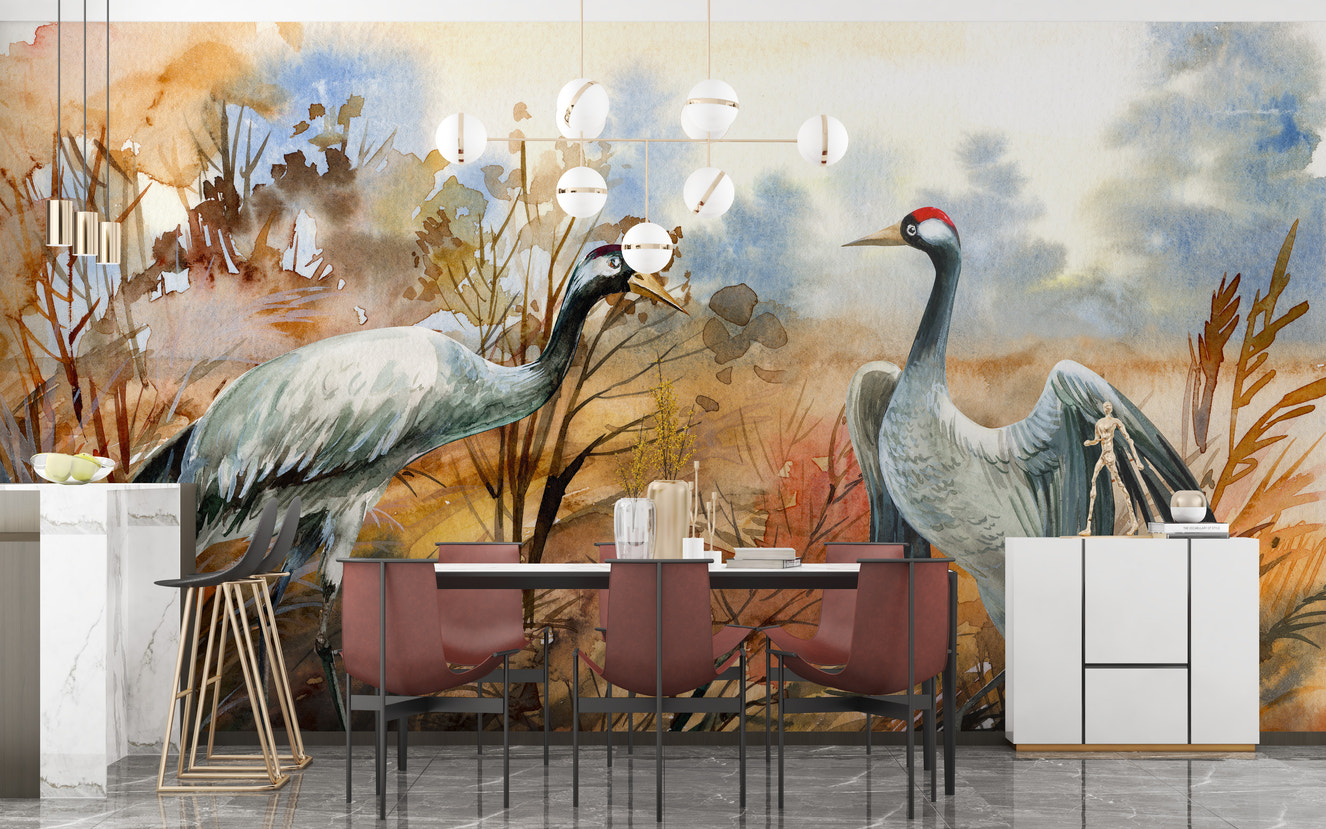 Autumn landscape & crane birds watercolor wallpaper - Giffywalls