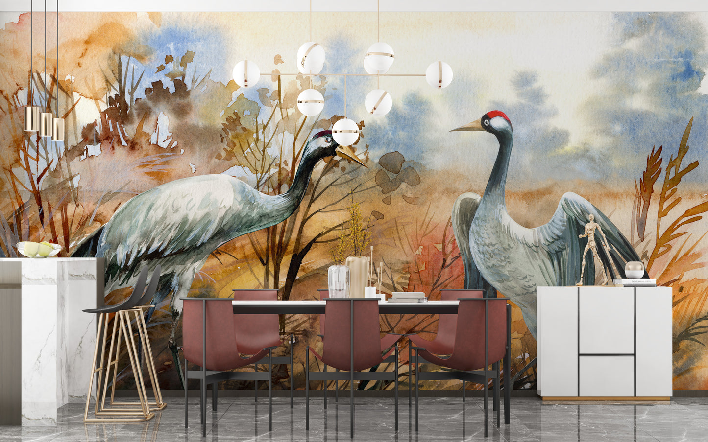 Autumn landscape & crane birds watercolor wallpaper - Giffywalls