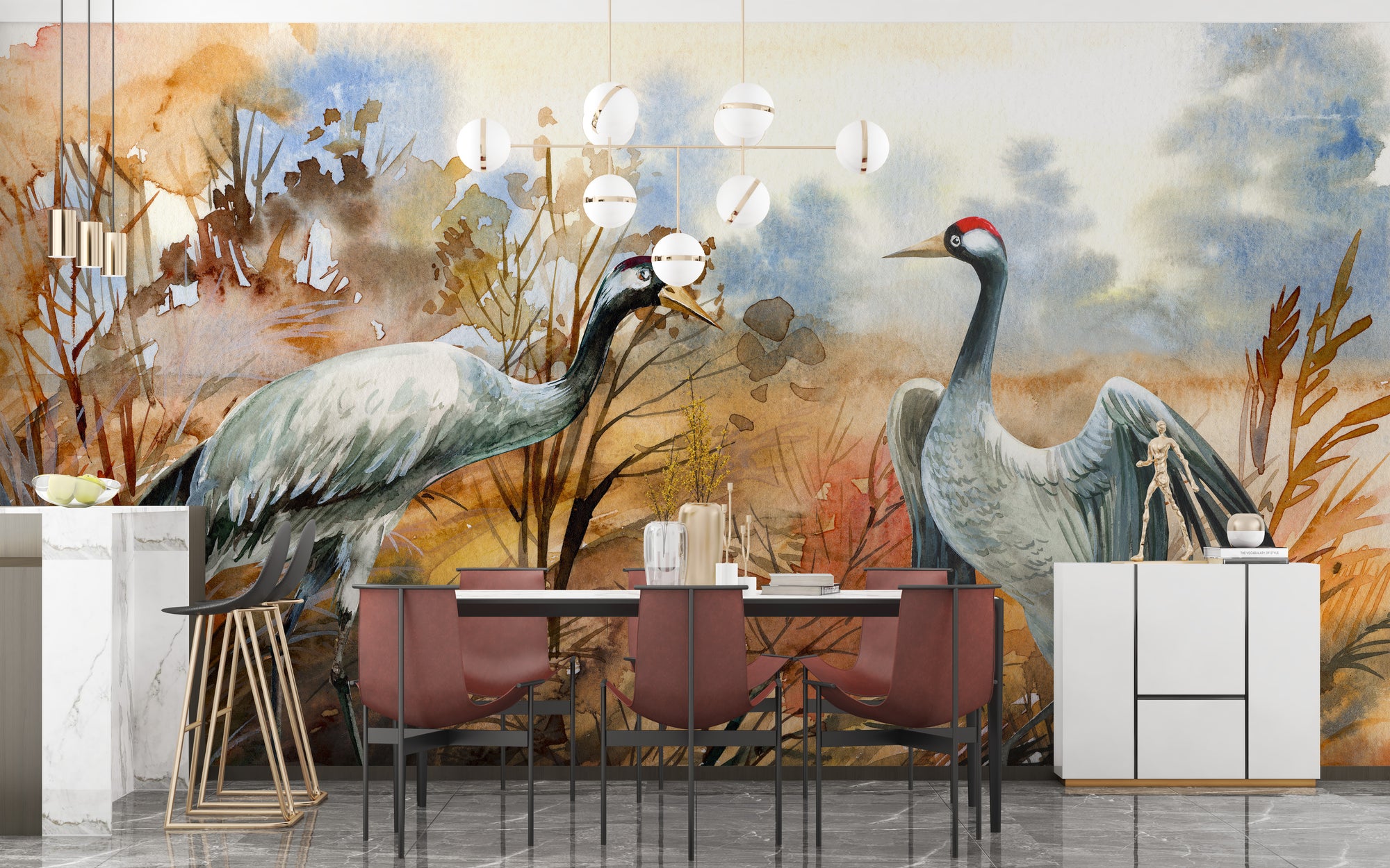 Autumn landscape & crane birds watercolor wallpaper mural shown as a full feature wall that highlights the design