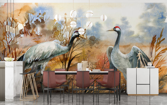 Autumn landscape & crane birds watercolor wallpaper mural shown as a full feature wall that highlights the design