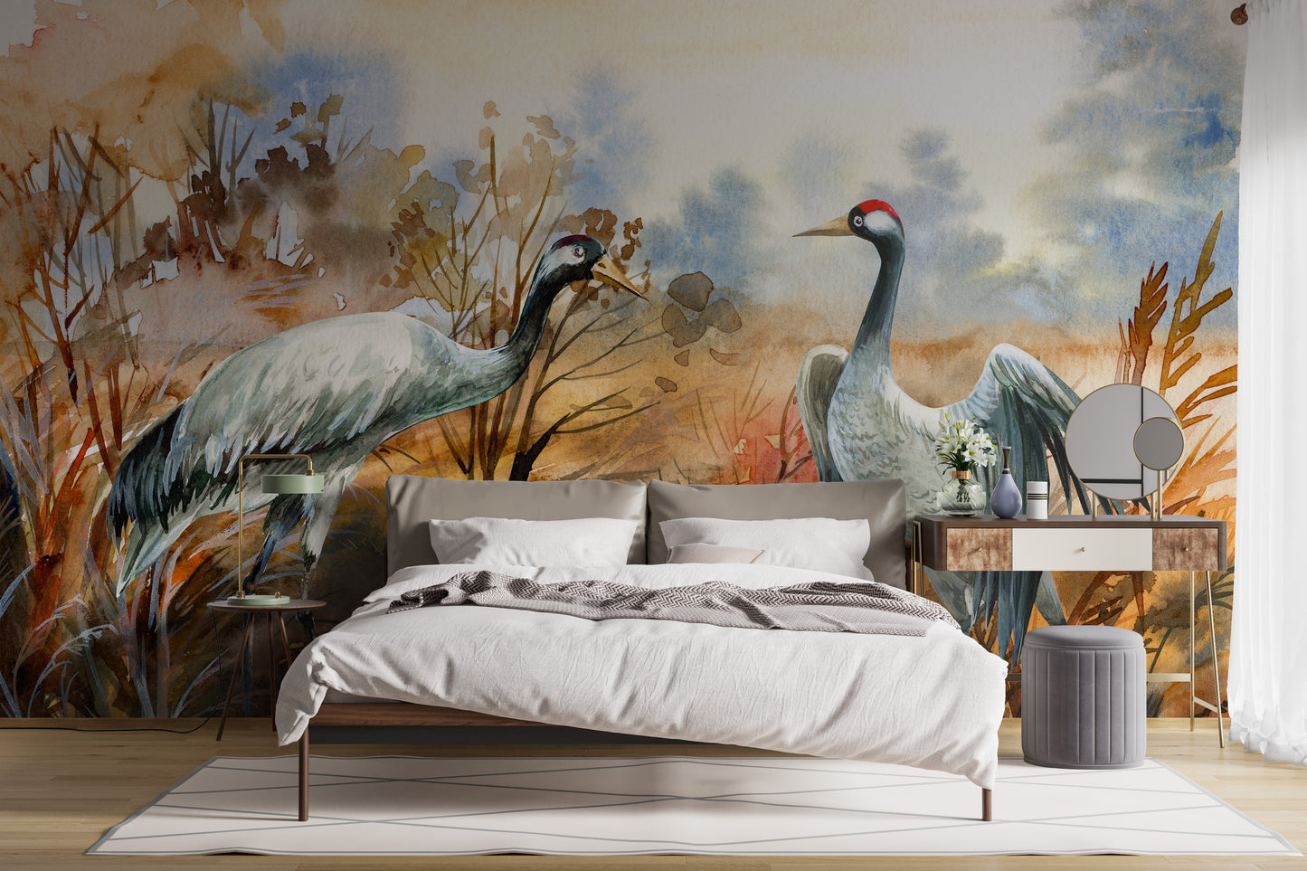 Watercolor autumn scene with crane birds wallpaper