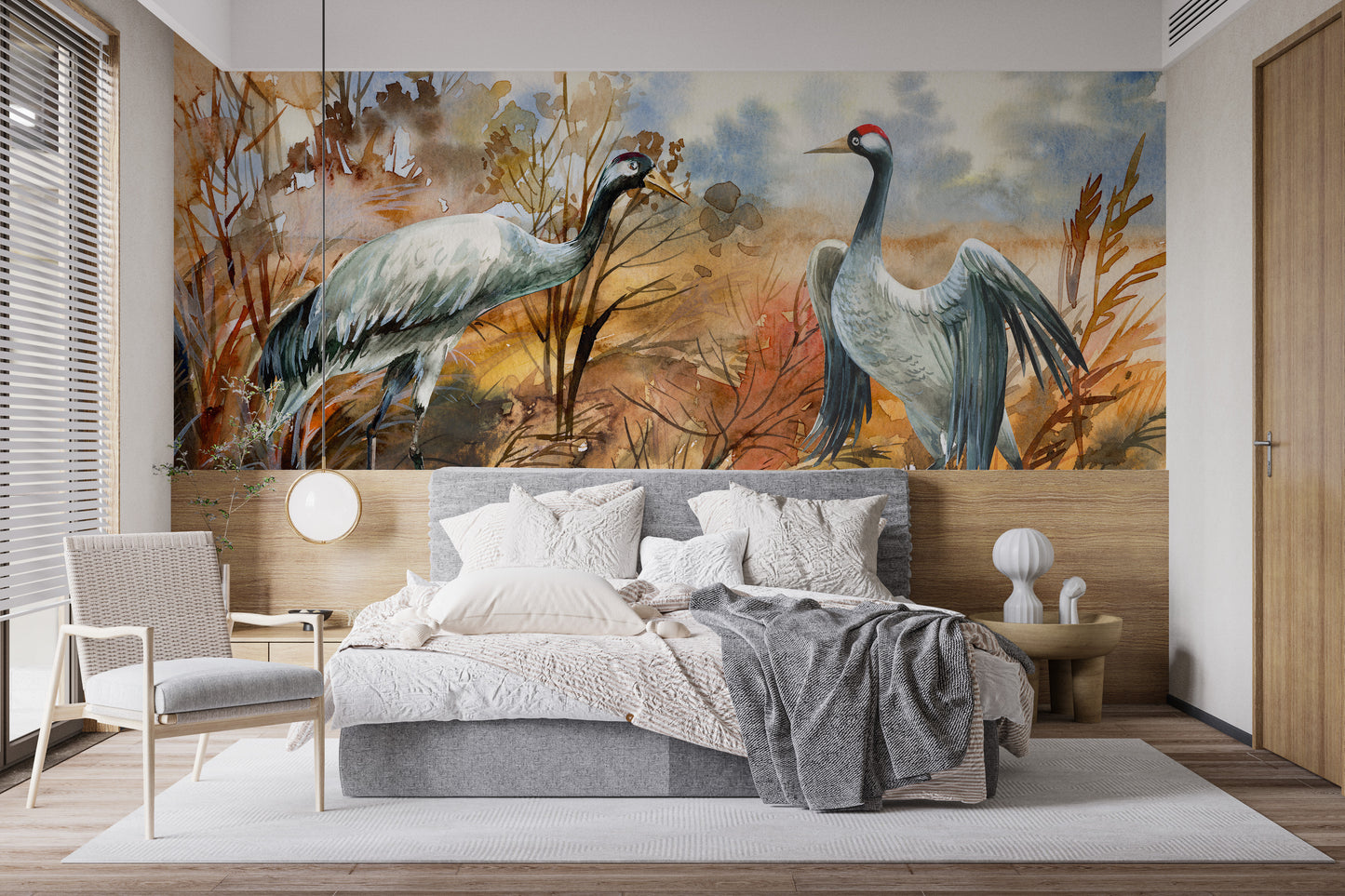 Autumn landscape with crane birds watercolor wallpaper