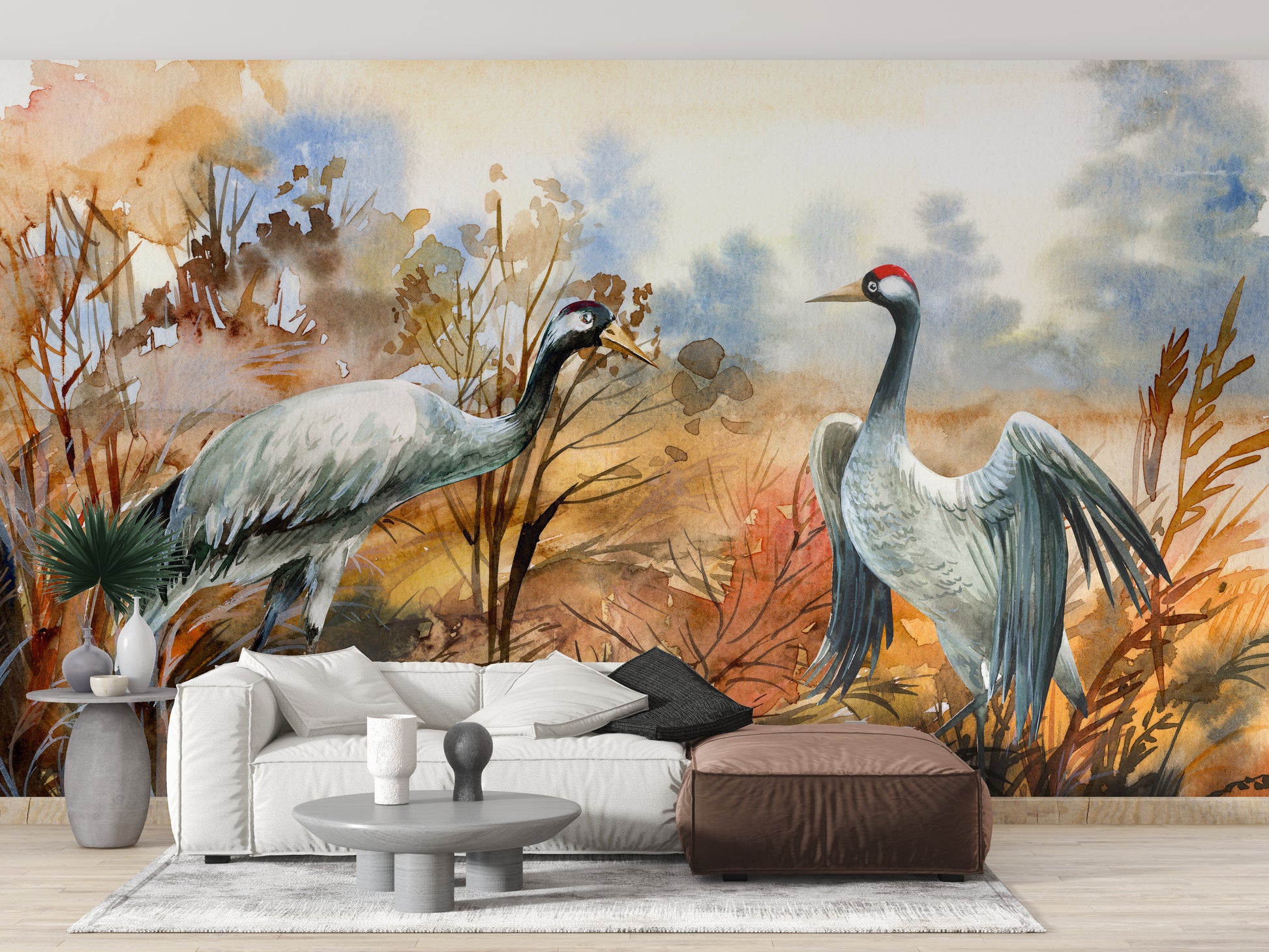 Autumn landscape & crane birds watercolor wallpaper