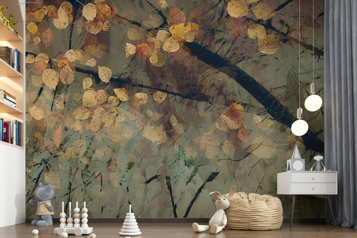Soft light reflecting on a forest lake wallpaper in a bright room.