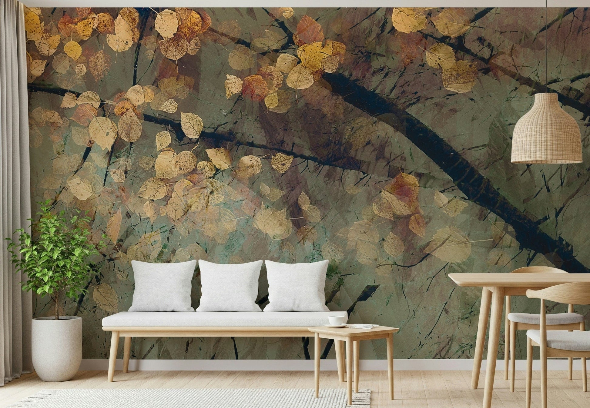woodland wall mural behind a grey fabric sofa in a home.